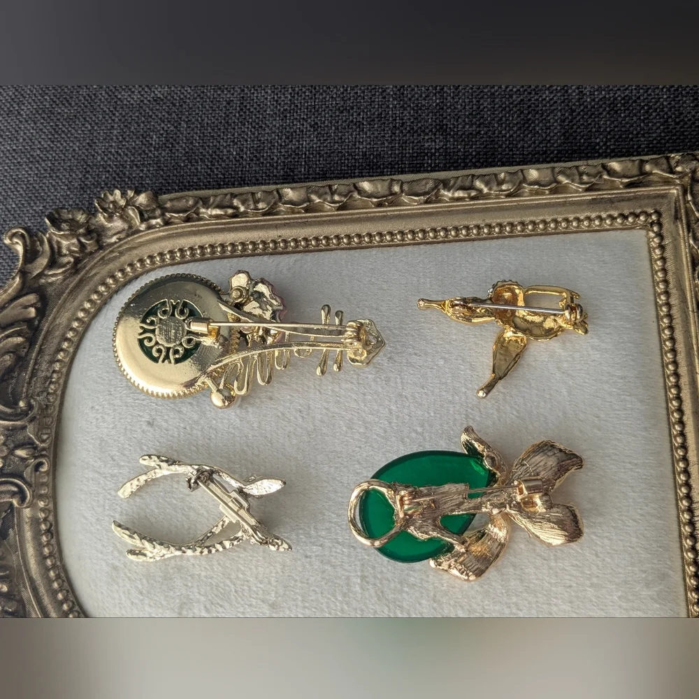 Gold Tone Brooch Lot of 4 Birds Floral Green Cabochon Rhinestone Pins